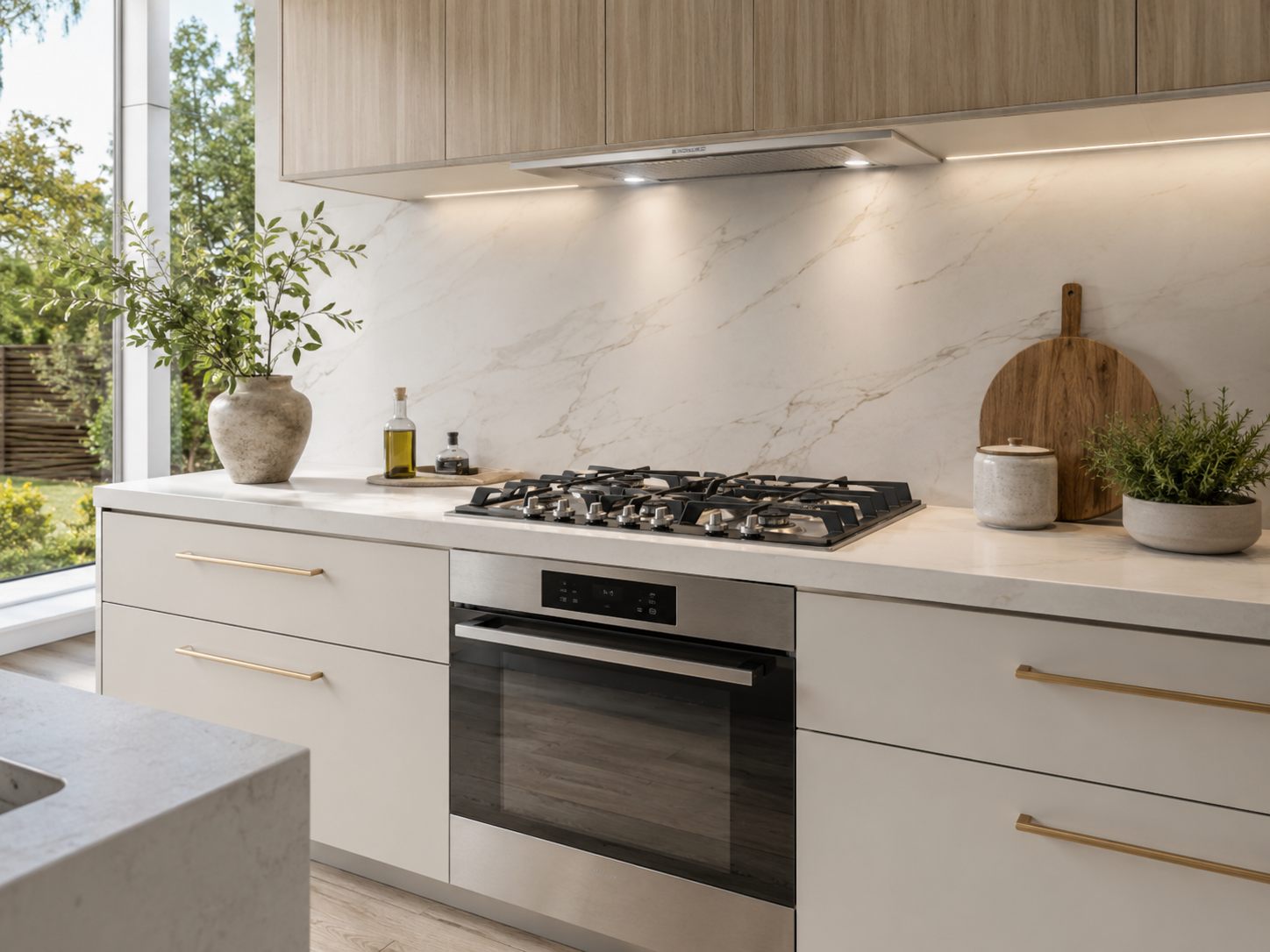 Moderne Küche mit eingebautem Gaskochfeld und Backofen